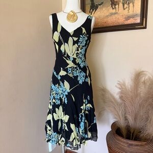 Black Floral V-Neck Silk Sleeveless Dress - Brand